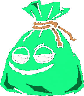 a green sack with a face, mid-hop